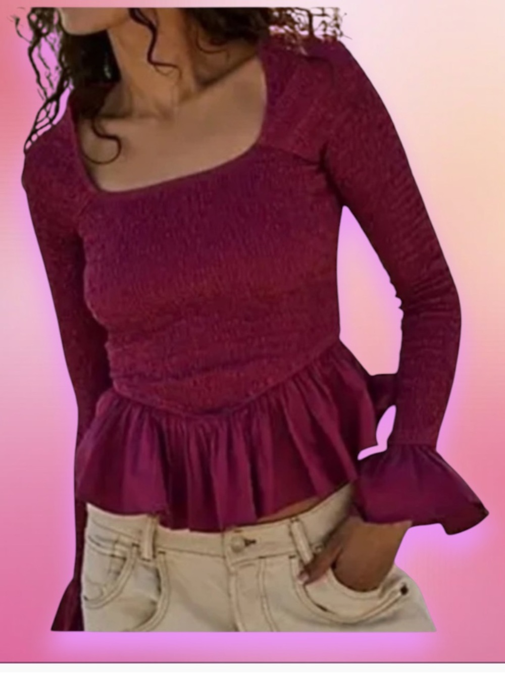 FREE PEOPLE TROPICAL VIBES SMOCKED PEPLUM TOP MEDIUM MAGENTA